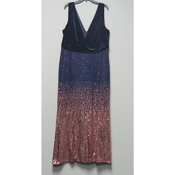 Ever Pretty Velvet Dress Women's 22 NWOT Blue Pink Ombre Sequin Stretch V Neck - Picture 4 of 11